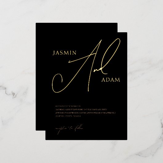 Einfache Black Gold Script-Hochzeit Folie Einladungspostkarte (Vorderseite/Rückseite)
