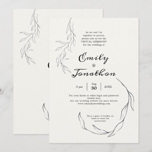 Einfache Black Leaf Script Virtual Wedding Einladung (Vorne/Hinten)