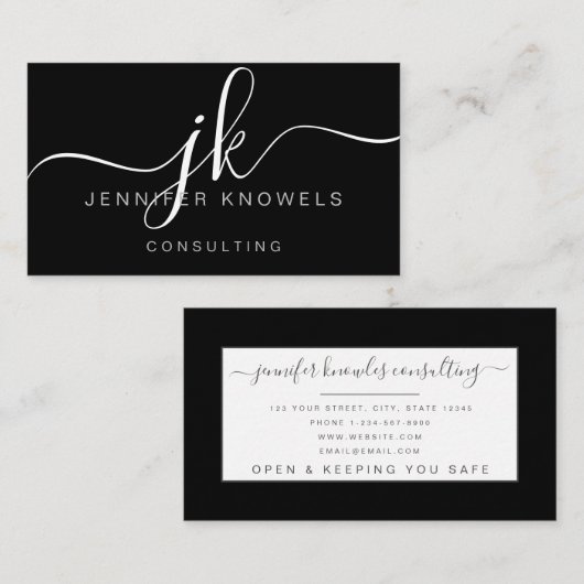 Einfache Black Monogram Script Consultant Open Cov Visitenkarte (Vorne/Hinten)