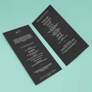 Einfache Black Noir Monogram Hochzeitfeier Programm