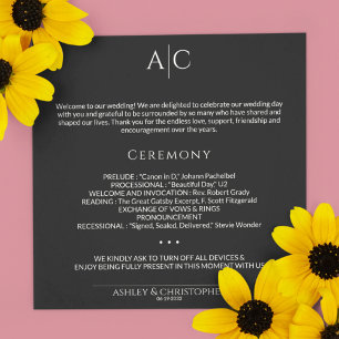Einfache Black Noir Monogram Hochzeitfeier Programm