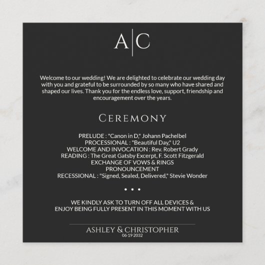 Einfache Black Noir Monogram Hochzeitfeier Programm (Vorderseite)