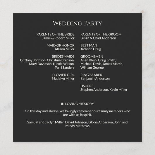 Einfache Black Noir Monogram Hochzeitfeier Programm (Rückseite)