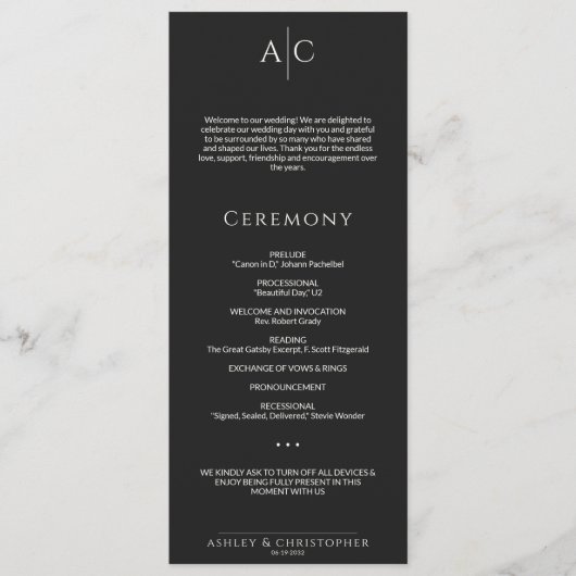 Einfache Black Noir Monogram Hochzeitfeier Programm (Vorderseite)