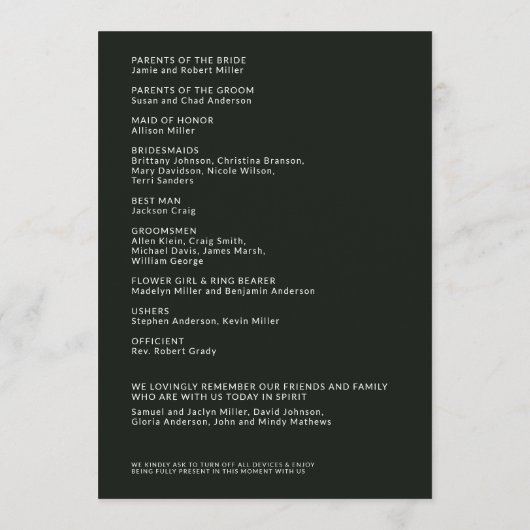 Einfache Black Split Margin Hochzeitsfeier Programm (Rückseite)