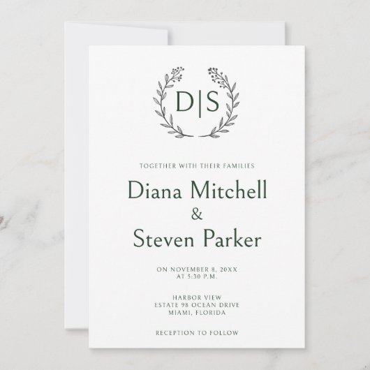 Einfache Bläsermonogramm-Wraath-Initialen Einladung (Vorderseite)