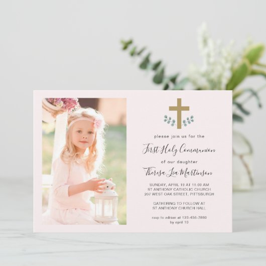 Einfache Blätter mit Foto der Kreuzheiligen Kommun Einladung (Stehend Vorderseite)