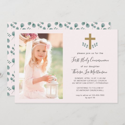 Einfache Blätter mit Foto der Kreuzheiligen Kommun Einladung (Vorne/Hinten)