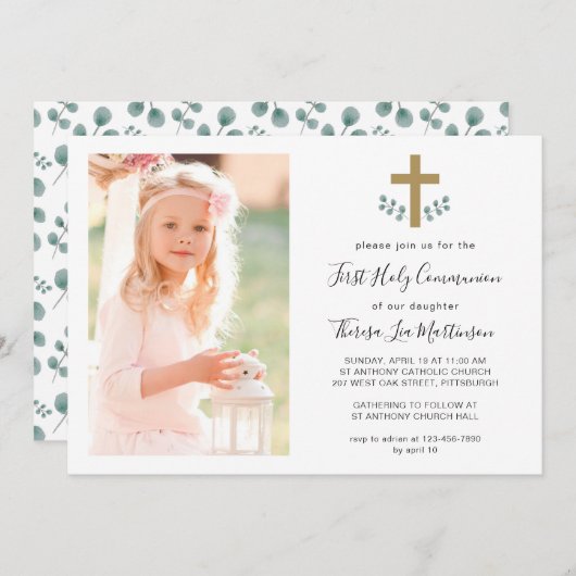 Einfache Blätter mit Foto der Kreuzheiligen Kommun Einladung (Vorne/Hinten)