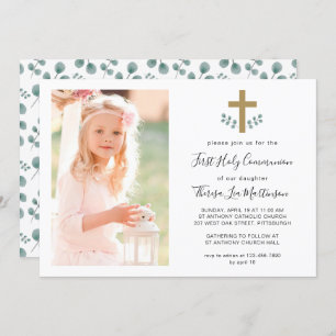 Einfache Blätter mit Foto der Kreuzheiligen Kommun Einladung