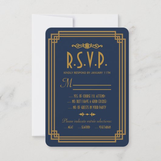 Einfache blaue Art Deco-Hochzeit-RSVP-Karten RSVP Karte (Vorderseite)