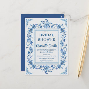 Einfache blaue Chinoiserie-Blumen-Brautparty Postkarte
