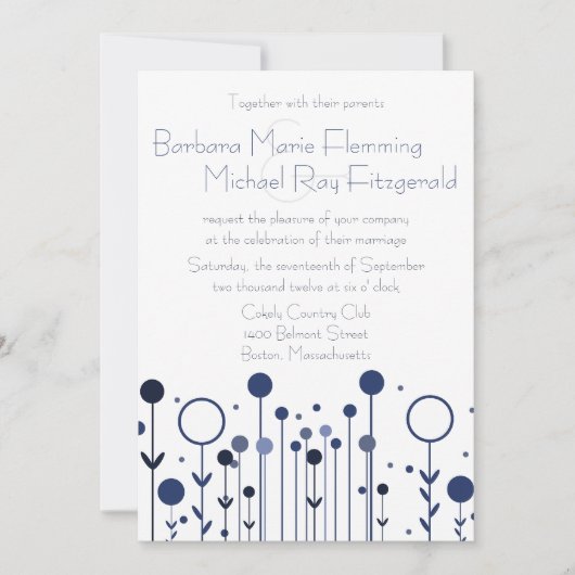 Einfache blaue Flora Dot Moderne Hochzeit Einladung (Vorderseite)