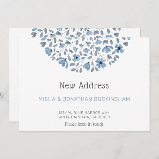 Einfache blaue Floral Wasserfarbe Neue Adressversc Ankündigung (Vorne/Hinten)
