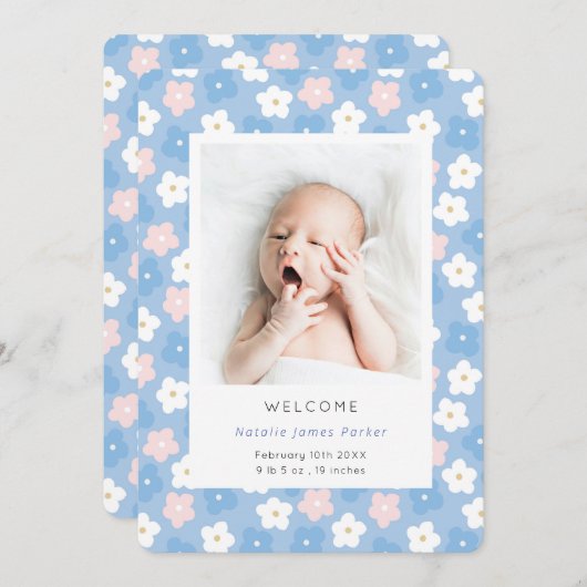 Einfache blaue Floral Wasserfarbe Niedliche Geburt Ankündigung (Vorne/Hinten)