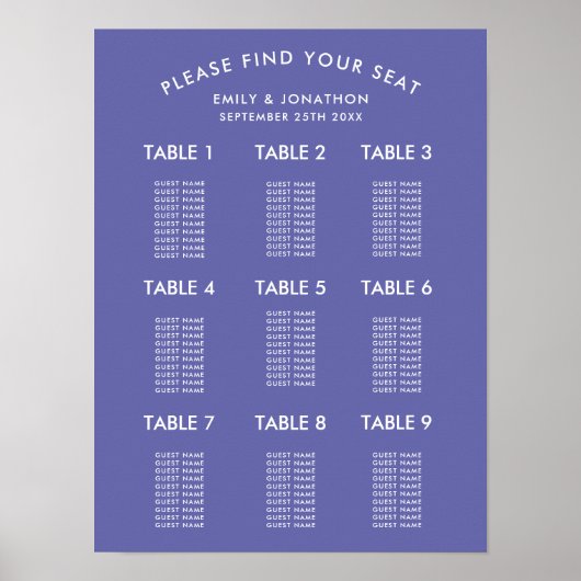 Einfache blaue Hochzeitstabelle Poster (Vorne)