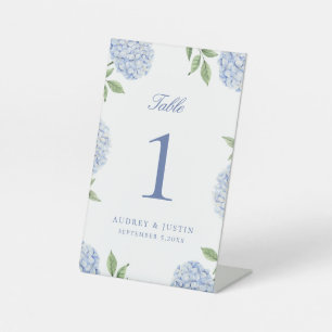 Einfache blaue Hortensien-Blumen-Tischnummer Sockelschild