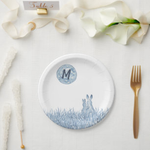 Einfache blaue Kaninchen, Mondmonogramm Custom, Li Pappteller
