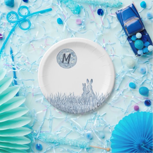 Einfache blaue Kaninchen, Mondmonogramm Custom, Li Pappteller (Party)