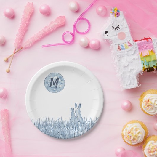 Einfache blaue Kaninchen, Mondmonogramm Custom, Li Pappteller (Party)