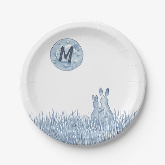 Einfache blaue Kaninchen, Mondmonogramm Custom, Li Pappteller (Vorderseite)