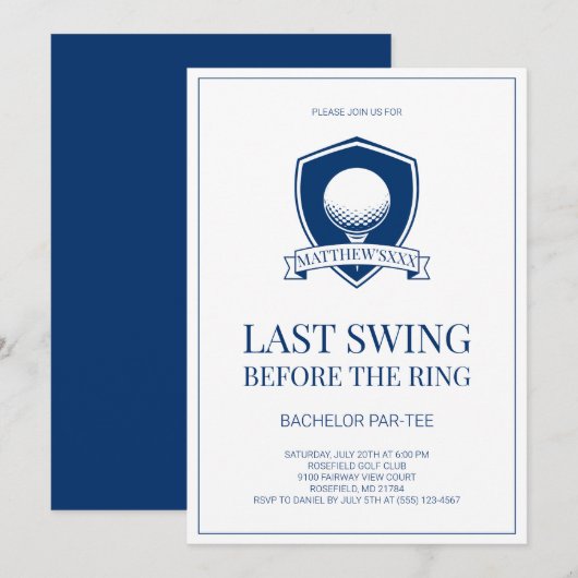 Einfache blaue letzte Runde Golf Junggesellenabsch Einladung (Vorne/Hinten)