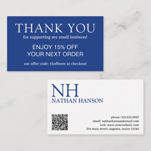 Einfache blaue Monogram modern Rabattkarte (Vorne/Hinten)