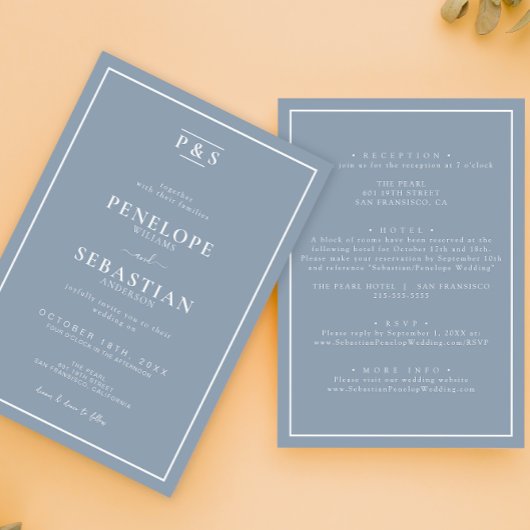 Einfache blaue Monogramm in einer Hochzeit Einladung