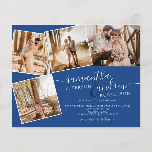 Einfache blaue Schrift 5 Fotos Budget Hochzeit (Rückseite)