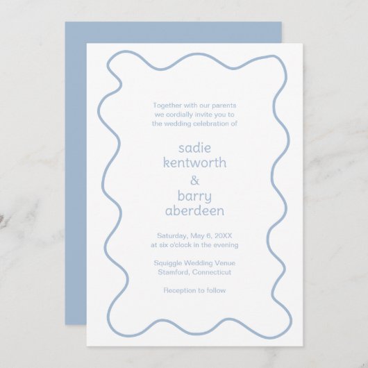 Einfache, blaue Squiggle Rahmen Moderne Hochzeit Einladung (Vorne/Hinten)