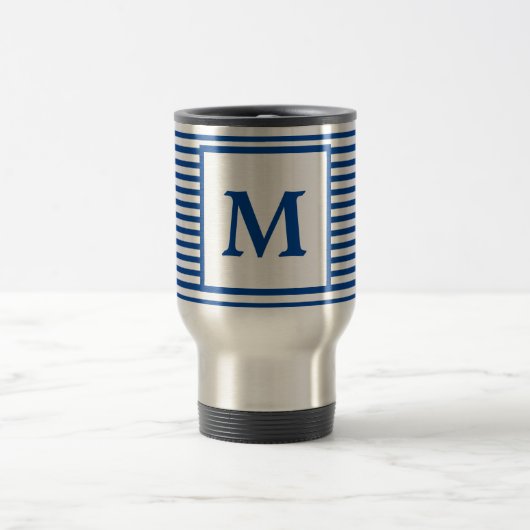 Einfache blaue Streifen und Monogramm Reisebecher (Mittel)