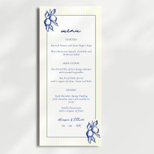 Einfache blaue und gelbe Doodle-Zitronen-Hochzeit Menükarte