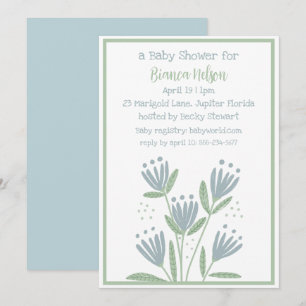 Einfache blaue und grüne Blumen Baby-Party Einladung