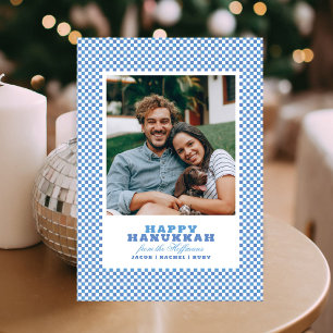 Einfache blaue und weiße Gingham-Foto-Hanukkah-Kar Feiertagskarte