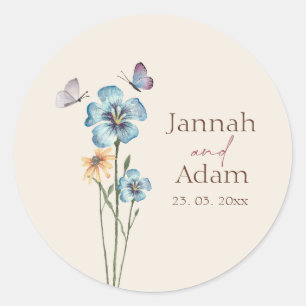 Einfache Blaue Wilde Blumen Schmetterling Romantis Runder Aufkleber