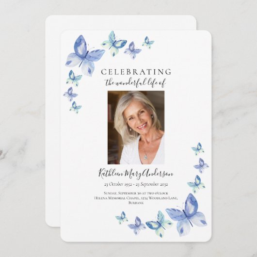 Einfache Blauer Schmetterling Feier des Lebens Ein Einladung (Vorne/Hinten)