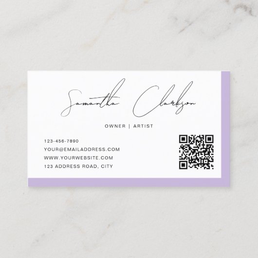 Einfache Blendung Lila handgeschriebener Script QR Visitenkarte (Rückseite)