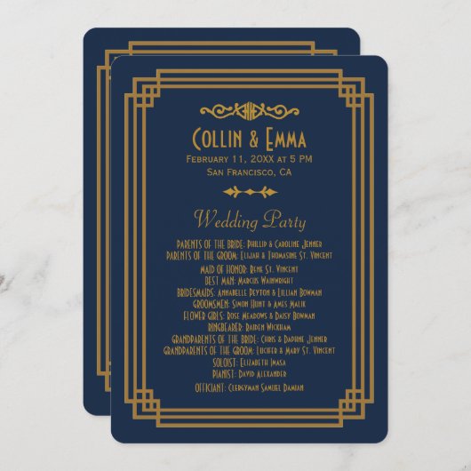 Einfache Blue Art Deco Hochzeitsprogramme Programm (Vorne/Hinten)