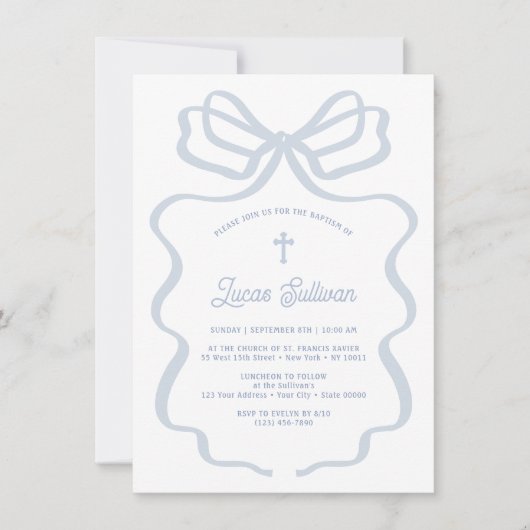 Einfache Blue Bow-Taufe Einladung (Vorderseite)