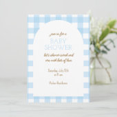 Einfache Blue Gingham Baby Dusche Einladung (Stehend Vorderseite)