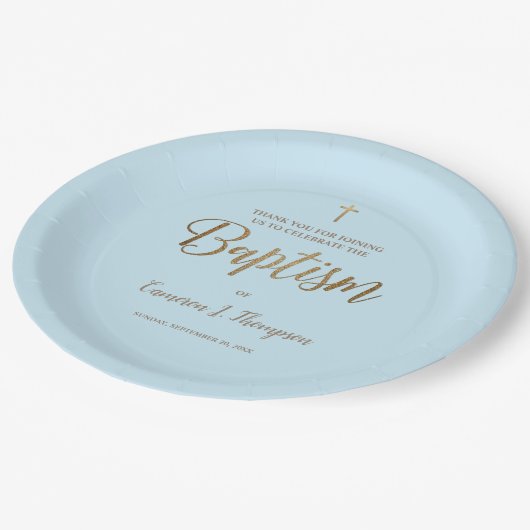 Einfache Blue Gold Cross Custom Baby Taufe Pappteller (Schrägansicht)