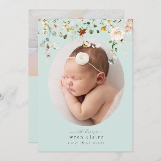 Einfache Blue Mint Wildblumen Geburtsankündigung Einladung (Vorne/Hinten)