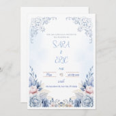 Einfache Blue Modern Wedding Einladung (Vorne/Hinten)