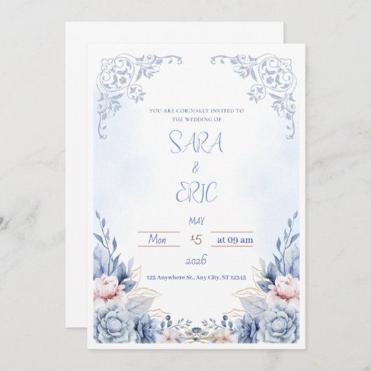 Einfache Blue Modern Wedding Einladung (Vorne/Hinten)