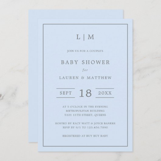 Einfache Blue Monogram Boy Couples Kinderdusche Einladung (Vorne/Hinten)