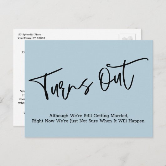 Einfache Blue Postponed Wedding Ankündigung Postkarte (Vorne/Hinten)