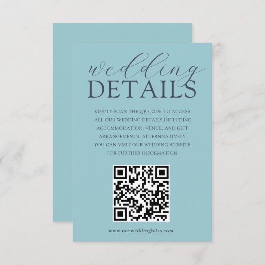 Einfache Blue QR Code Hochzeitdetails Begleitkarte (Vorne/Hinten)