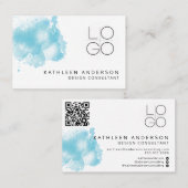 Einfache Blue Watercolor Business Card mit QR-Code Visitenkarte (Vorne/Hinten)
