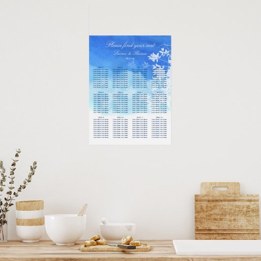 Einfache Blue Watercolor Hochzeitstabelle Poster (Küche)