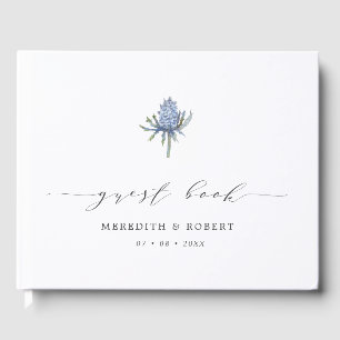 Einfache Blue Watercolor Thistle Script Hochzeit Gästebuch